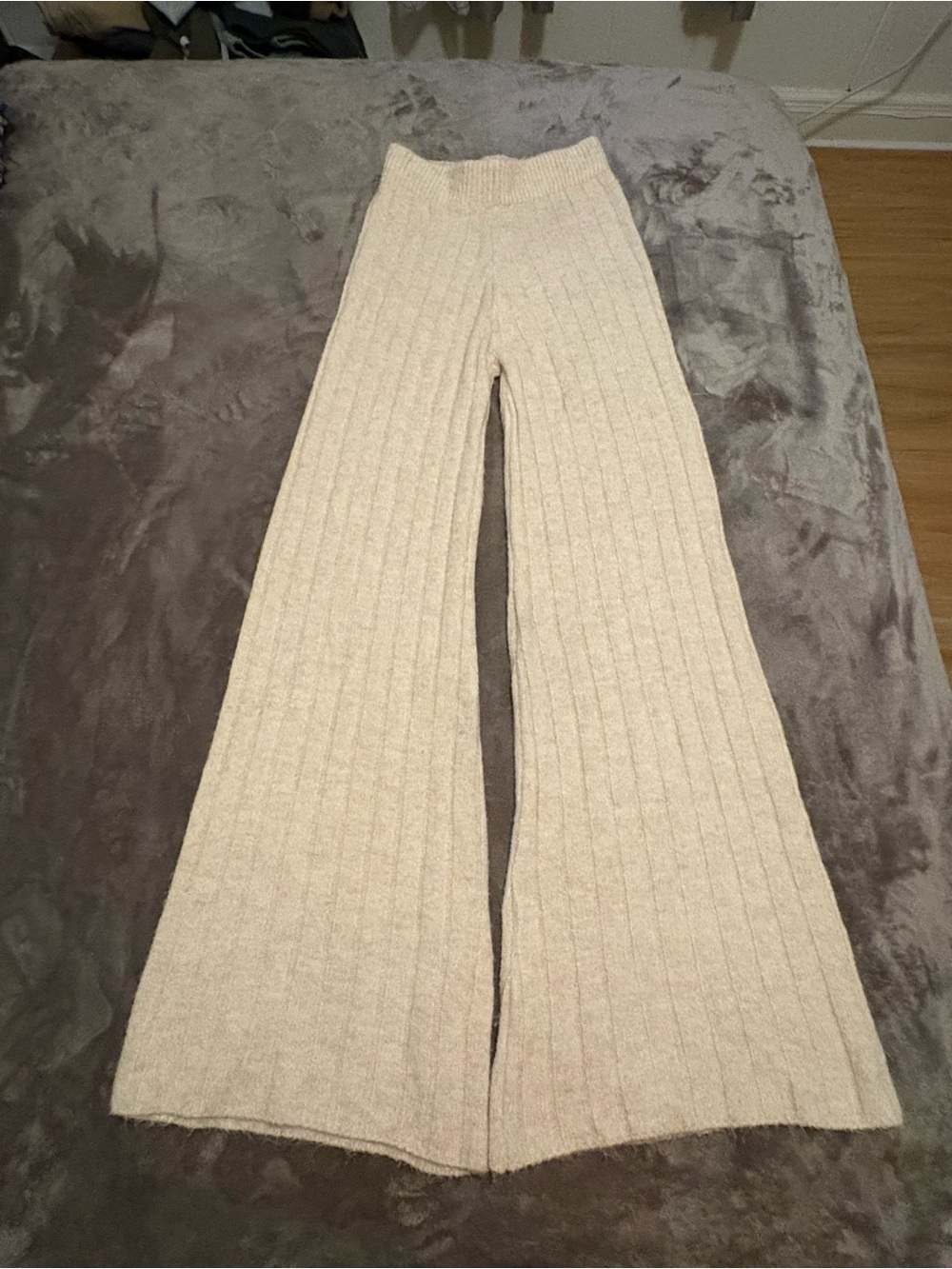 Sincerely Jules Cream Ribbed Wide-Leg Knit Pants